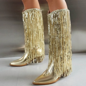 Big Size 48 Women Low Chunky Heels Booties Bling Tassels Cowboy Styles <b>Knee</b> <b>High</b> Boots Paillette Wedges Shoes - Product Image 3