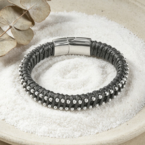Handmade Woven Titanium Steel Leather <b>Bracelet</b> For Men Black <b>Silver</b> Magnetic Buckle <b>Bangle</b> 7.5 8.5 9 Inches Gift Jewelry - Product Image 1