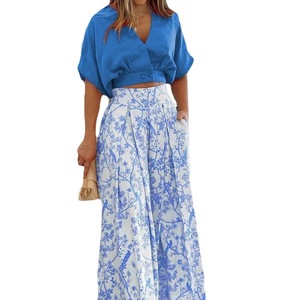 Womens Two Piece Sets Sexy Mid Sleeve Shirt Elegant <strong>Floral</strong> Print Wide Leg Pant High Streetwear