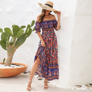 Vendita calda abiti Casual Boho donna bohémien estate manica corta Maxi <span class=keywords><strong>abito</strong></span> floreale con <span class=keywords><strong>spalle</strong></span> <span class=keywords><strong>scoperte</strong></span> per ragazze - Product Image 6
