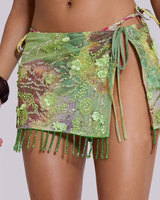 Ensemble deux pièces d'été imprimé Beach Sexy Femmes Vert Paillettes Tassel Halter Top et Mini Jupe Femme Bikini 2 Pièces Ensemble