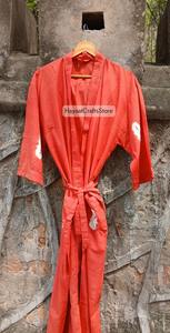 Robe longue orange pour femme, manches trois quarts, col en V, en lin et coton tissé doux, style kimono, décontractée, pour le printemps - Product Image 3