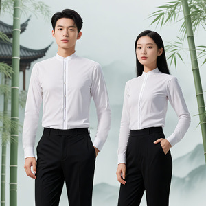 Bamboo Fiber Professional Shirt Long Sleeve Stand Up Collar Unisex Solid Color Workwear Set - Product Image 1