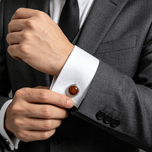 Mancuernillas Personalizadas con Piedra Ojo de Gato Roja para Hombre, Mancuernillas Redondas Plateadas para Camisa Formal de Negocios, Regalos para Novios - Product Image 5