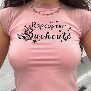 Summer <strong>Women's</strong> Retro Grunge Letter Embroidery Short Sleeve <strong>T</strong> <strong>Shirt</strong> Top Casual Fashion Streetwear in Knitted Fabric - Product Image 6