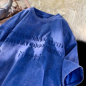 เสื้อยืดโอเวอร์ไซส์ผู้ชาย ผ้าฝ้าย แขนสั้น คอกลม ลายตัวอักษรนูนสไตล์วินเทจ ซักแบบแซนด์วอช ทรงปกติ โลโก้ด้านหน้า - Product Image 5