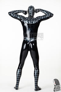 Combinaison intégrale en latex pour homme, cosplay <span class=keywords><strong>Spider</strong></span>, couvrance totale, épaisseur 0,4 mm, noir avec bordure argentée métallique, fermeture éclair dorsale 3 voies, capuche - Product Image 5