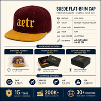 Casquette de baseball personnalisée bordeaux à visière plate, 6 panneaux, snapback, brodée, en daim, visière moutarde, réglable, vente en gros, OEM, faible MOQ