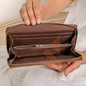 High Quality Women's Genuine Leather Purse Wallet Fashionable <b>Long</b> Design Clutch <b>Bag</b> with Open Closure and Decorative Feathers - Product Image 3
