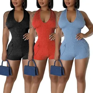 Custom Logo Summer Women Clothing Ribbed Short Jumpsuits Sexy Backless Romper Sleeveless Women One Piece Jumpsuits With Pocket