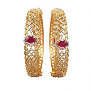 18K Gold Plated Brass Cubic Zirconia Oval <b>Ruby</b> Bangle Set Luxurious Bridal CZ Cutwork Openable Hand Cuffs For Women - Product Image 4