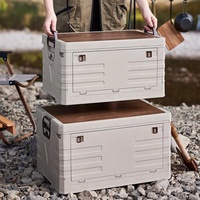 Conteneur pliable d'extérieur, bac de rangement portable avec couvercle en bois, boîtes de rangement pliantes en plastique pour le camping avec couvercle