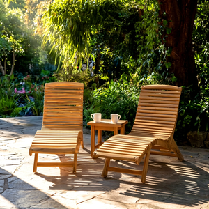 Solid Teak Wood Outdoor Sun Lounger <b>Set</b> 3 Piece Ergonomic Curved Patio Reclining Chairs with Side Table - Product Image 1