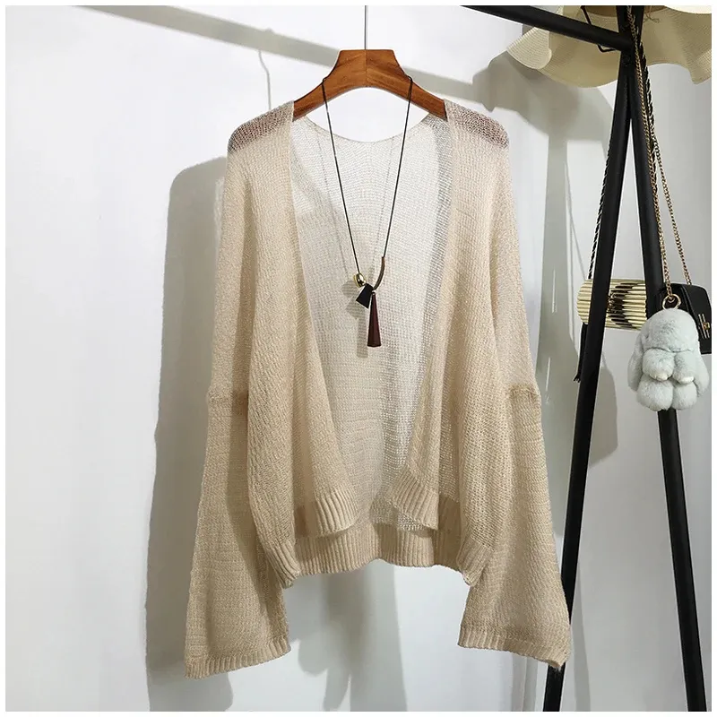 Cardigan d'été en tricot pour femmes, décontracté, à manches longues, avec point ouvert, pour femmes, ample, coréen, grande taille, avec point ouvert