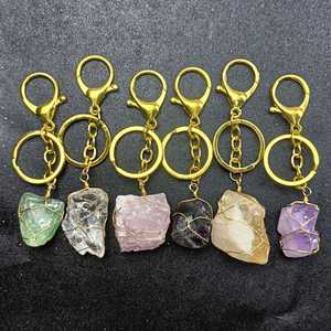 Wholesale Custom Make Crystals Healing Stones Keychain Rose clear Quartz Copper Wire Natural Crystal Quartz Stone Key Chains