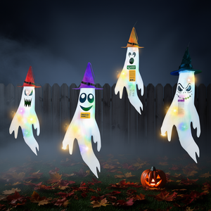 Decoración de Halloween: 4 muñecos fantasma colgantes de 43.3 pulgadas con sombreros de bruja, luces LED de colores, pilas incluidas, decoración espeluznante - Product Image 2