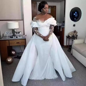 Robes <span class=keywords><strong>de</strong></span> mariée LY-WD0746, <span class=keywords><strong>robe</strong></span> <span class=keywords><strong>de</strong></span> mariée <span class=keywords><strong>africaine</strong></span>, <span class=keywords><strong>robe</strong></span> sirène, dentelle brodée, queue <span class=keywords><strong>de</strong></span> poisson détachable, col en V, manches longues, grande taille - Product Image 1