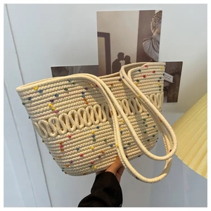 Shoulder hollow cotton <b>woven</b> <b>bag</b> new summer large capacity French <b>straw</b> <b>bag</b> seaside vacation beach <b>bag</b> for women - Product Image 2