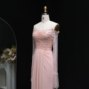 Vestido de Noche Sharon Said SF397 Rosa con Encaje, Hombros Descubiertos y Pliegues de Cristal para Mujer, Vestido de Novia Árabe, Vestido de Graduación, Sin Stock - Product Image 5