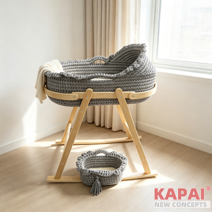 <strong>Grey</strong> Hand Woven Baby Bassinet <strong>Moses</strong> <strong>Basket</strong>, Rockable Wooden Stand, Portable Newborn Sleeping Cradle - Product Image 4