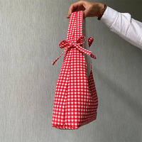 Sac besace personnalisé à carreaux avec nœud Sac à bandoulière mignon pour femmes Sac fourre-tout cadeau en coton et lin Sacs fourre-tout avec poches