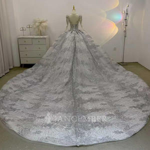 Robes de mariée modernes à manches longues Empire bleu pour femmes, avec dentelle florale et cristaux, pour JJ117 - Product Image 2