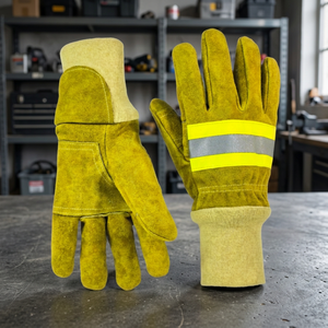 Fire Fighting Safety <b>Gloves</b> Leather <b>Knit</b> Wrist Reflective Stripe Abrasion Resistant Smooth Texture - Product Image 2