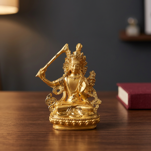 Statue de Bodhisattva Manjushri dorée en métal avec finition or, figurine bouddhiste tibétaine, sculpture religieuse, vente en gros - Product Image 4
