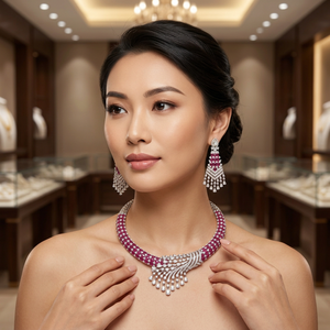 Rhodium Plated Pink <b>Ruby</b> Cubic Zirconia Classic Collar <b>Necklace</b> Dangle Earrings Set Brass Bridal Engagement Jewelry Women - Product Image 2