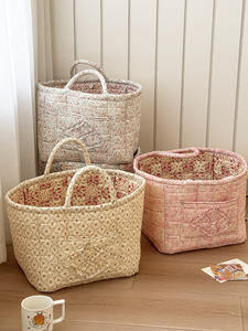 Panier à collation pliable léger en coton floral, panier de rangement à imprimé floral doux pour panier à linge, sac de courses pliable - Product Image 1