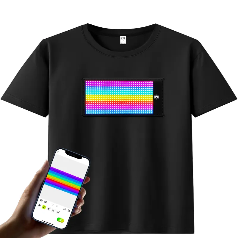Camiseta com led de rolagem e mensagem, camiseta decorativa com display led, programável, controle por aplicativo, iluminação recarregável, tela led