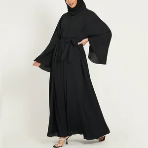 เดรสยาวสำหรับผู้หญิงมุสลิมชุดเดรสเปิดแขนบานสีดำประดับลูกปัด2023