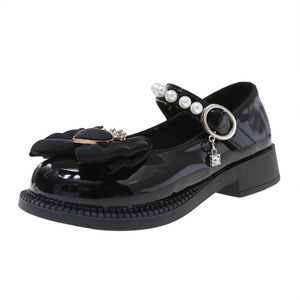 Chaussures de princesse pour filles printemps-automne 2025, chaussures en cuir noir/blanc cassé, respirantes, basses, semelle en caoutchouc, chaussure unique, nœud - Product Image 3