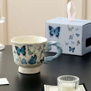 High Aesthetic Cartoon Ceramic 400ml High <b>Footed</b> Coffee <b>Mug</b> Customized Color Logo Couple Party Gift for Home Use Dishwasher - Product Image 3