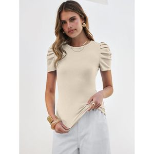 Haut en maille côtelée à col rond et manches bouffantes pour femme, ajusté, décontracté, idéal pour le travail estival, collection Printemps 2026 - Product Image 5