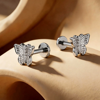 Anting-anting labret kupu-kupu bertekstur perak, terbuat dari baja bedah 316L, untuk tindik bibir, Monroe, Medusa, Helix, Tragus, ukuran 16G (satu set)