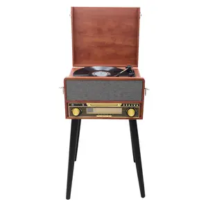 High Quality Stereo Sound Phono With Wooden Legs All In 1 CD USB SD Tape Bluetooth Play Vinyl Record Turntable