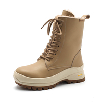Bottes en cuir véritable marron pour femmes, doublées de fourrure, chaussures décontractées chaudes à tige haute pour l'hiver, chaussures élégantes pour femmes