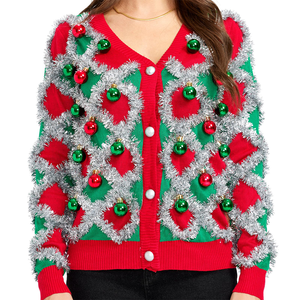Cardigan personnalisé pulls <span class=keywords><strong>de</strong></span> Noël moches pour femmes Cardigan classique rouge vert avec bandes <span class=keywords><strong>de</strong></span> clinquant blanc Cardigan fantaisie <span class=keywords><strong>de</strong></span> vacances - Product Image 3