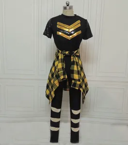 Женские танцевальные костюмы, желтая клетчатая рубашка для взрослых, одежда для балета и представлений, детская черная футболка с блестками, танцевальные костюмы в стиле хип-хоп