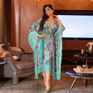 Y AB257 패션 술 스티치 새틴 소프트 드레스 스커트 전통 이슬람 의류 가벼운 연회 배트윙 슬리브 드레스