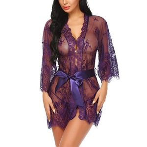 Camisón Sexy de Encaje para Mujer, Manga Larga, con Cinturón, Conjunto de Ropa de Dormir - Product Image 3