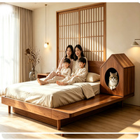 Lit maître japonais en bois massif avec niche intégrée pour animaux, lit flottant adapté aux animaux pour maison d'hôtes, hôtel, appartement