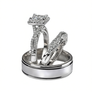 Élégant ensemble de trois bagues en cuivre faites à la main, blanc, H521, cadeau de mariage pour la Saint-Valentin - Product Image 1