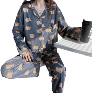 <b>Cardigan</b> Button Pyjamas Summer Long Sleeve Set Lapel Neck <b>Silk</b>/Cotton Printed Sleepwear Women Casual Home Dress Elastic Waist - Product Image 1