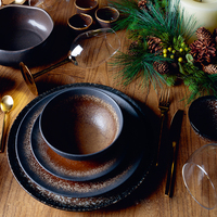 Service de vaisselle en céramique de porcelaine brun foncé pour salade, brunch, déjeuner, banquet, ensemble de 4 assiettes et bols, assiettes argentées