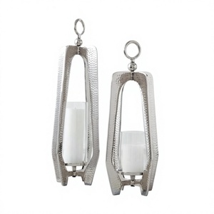 <b>Silver</b> Color Unique Design <b>Lantern</b> Manufacturer Set of Two Hammered Candle <b>Lantern</b> Wall Hanging Decoration - Product Image 1
