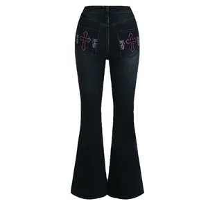 Promotional Women's High-Waist Woven Denim Jeans Narrow-Legged Grunge Punk Cross Rhinestone Flare Leg Size 8XL