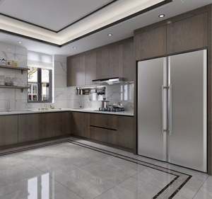 Conception de cuisine modulaire en mélamine à texture de bois foncé en forme de L et en forme de U, design moderne sans poignée - Product Image 3