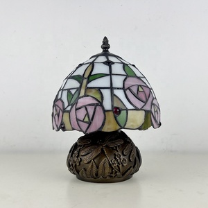 LongHuiJing Tiffany Style Mushroom Table Lamps 8Inch Stained Glass Lamp Pink Rose Flower Vintage <b>Light</b> for Living Room Home - Product Image 4